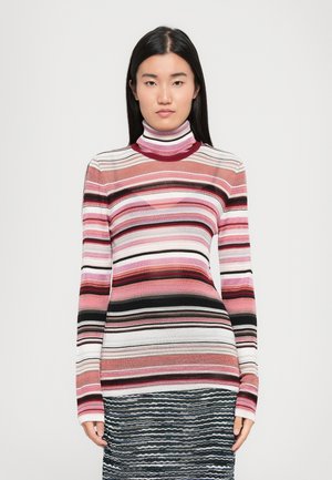 Bluză cu mânecă lungă și gât înalt, cu dungi orizontale în nuanțe de roz, negru și alb. Material din tricot moale, cu o siluetă ajustată.