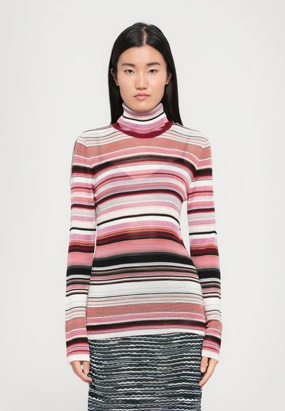 Maglione a maniche lunghe con colletto a imbuto, caratterizzato da strisce orizzontali in rosa, nero e bianco. Tessuto in maglia morbido con una silhouette aderente.