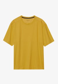 Geltona trumpa rankovė t-shirt pagaminta iš lengvos medžiagos, su apvalia kaklo iškirpte ir tiesiu siluetu, turinti lygų tekstūrą ir minimalų dekorą.