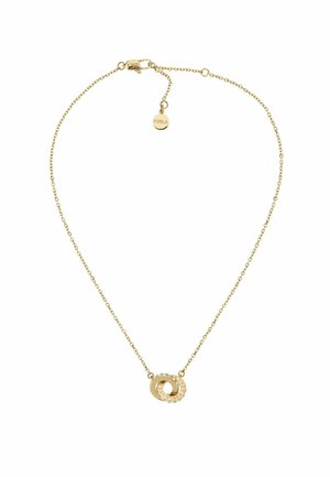 Gold necklace featuring a double circular pendant with textured detailing and a small logo charm. Delicate link chain design.