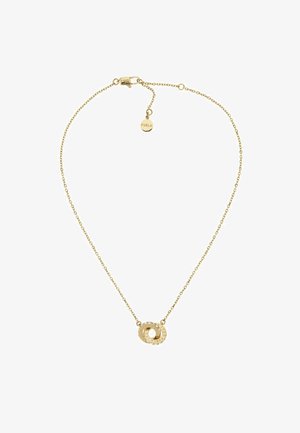 Gold necklace featuring a double circular pendant with textured detailing and a small logo charm. Delicate link chain design.