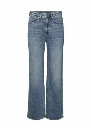 Wide-leg jeans in light blue denim. Features a classic five-pocket design, zip and button closure, with a slightly faded texture.