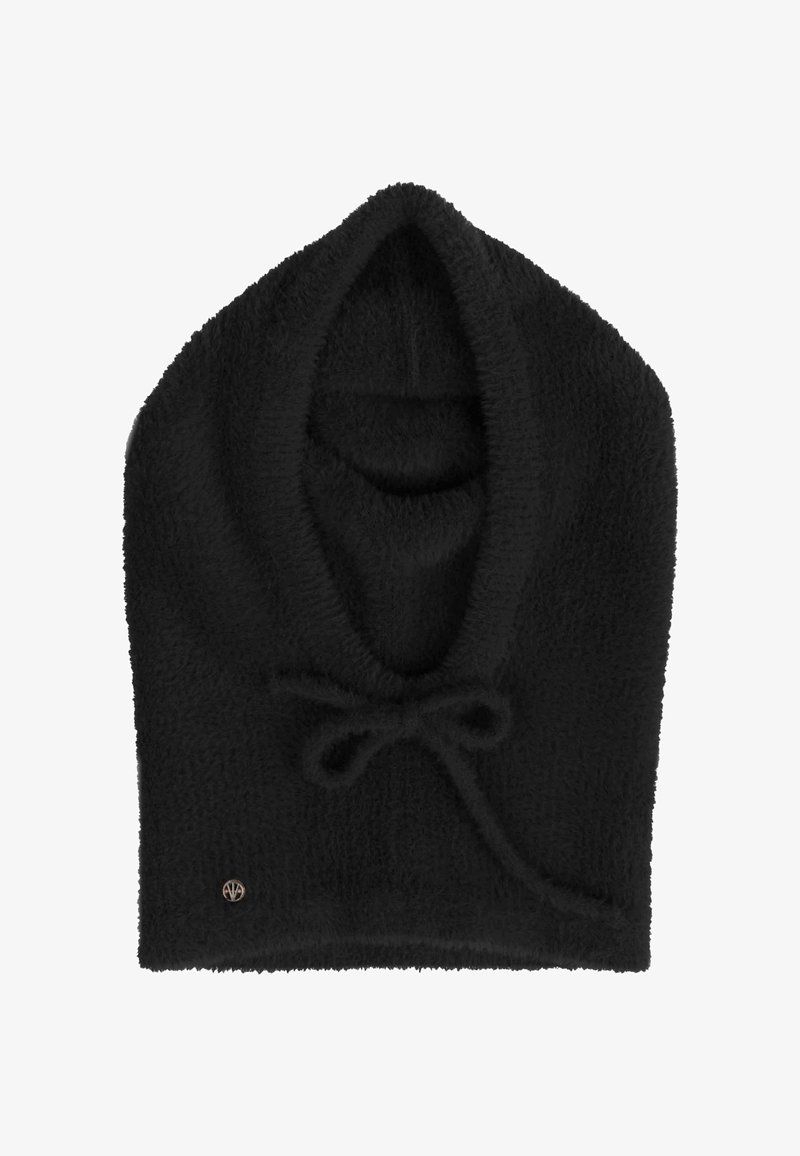 Must mustaga kapuutsiga sall pehme tekstuuriga, ümar kuju ja stringiga sulgemine. Väike logo aktsent allosas.