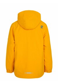 Giacca impermeabile gialla con cappuccio, polsini elastici e dettaglio del logo sulla schiena. Texture liscia e dettagli riflettenti all'orlo.