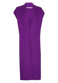 Dlouhý, bezrukávový fialový cardigan s hlubokým V-výstřihem a dvěma bočními kapsami, vyrobený z úpletu s volnějším střihem.