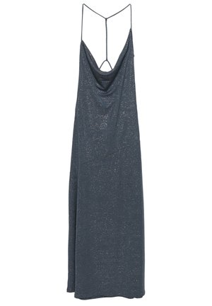 Hihaton, lattiaan ulottuva tummaan siniseen oleva mekko, jossa on laskeutuva kolmioaltainen pääntie, ohuet olkaimet ja hienovarainen kimaltava pinta.