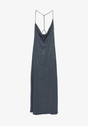 Ärmelloses, bodenlanges Kleid in Dunkelblau mit einem drapierten Wasserfallausschnitt, dünnen Trägern und einer dezenten schimmernden Textur.