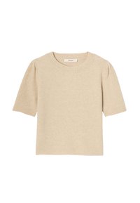 Pull beige à manches courtes avec un col rond et des détails côtelés subtils au niveau du col et des poignets. Texture douce, design simple.