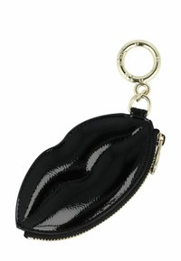 Portafoglio a monete in pelle sintetica nera a forma di labbra, con finitura lucida, zip dorate e un attacco per portachiavi dorato.