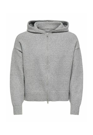Sweat à capuche gris clair zippé, manches longues, poignets et ourlet côtelés, fermeture éclair métallique à l'avant.