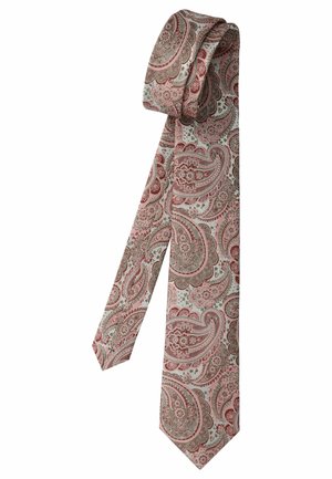 Necktie with pink and brown paisley and floral patterns on a light gray background, folded with the narrow end overlapping the wide end.