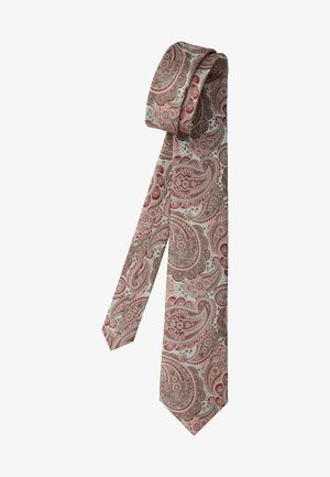 Necktie with pink and brown paisley and floral patterns on a light gray background, folded with the narrow end overlapping the wide end.