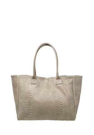 Borsa tote beige con texture e motivo in pelle di serpente, dotata di due manici allungati e dettagli quadrati nei punti di attacco dei manici.