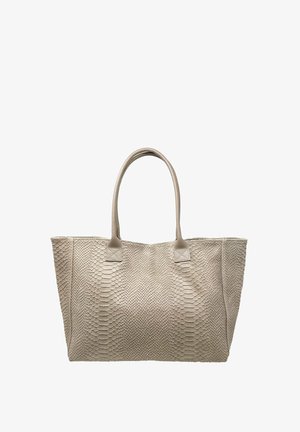 Beige strukturierte Tragetasche mit einem Schlangenledermuster, ausgestattet mit zwei verlängerten Griffen und quadratischen Akzenten an den Griffbefestigungspunkten.