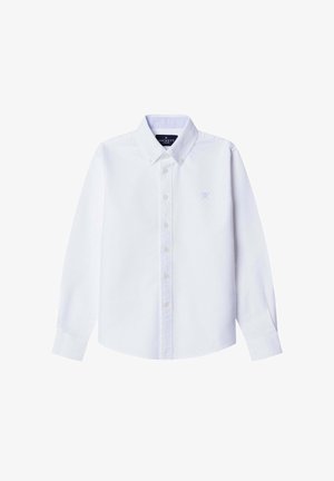 Wit overhemd met lange mouwen en knopen, voorzien van een klassieke kraag, met een subtiel lichtblauw logo op de borst en plastic knopen. Zachte stoftextuur.