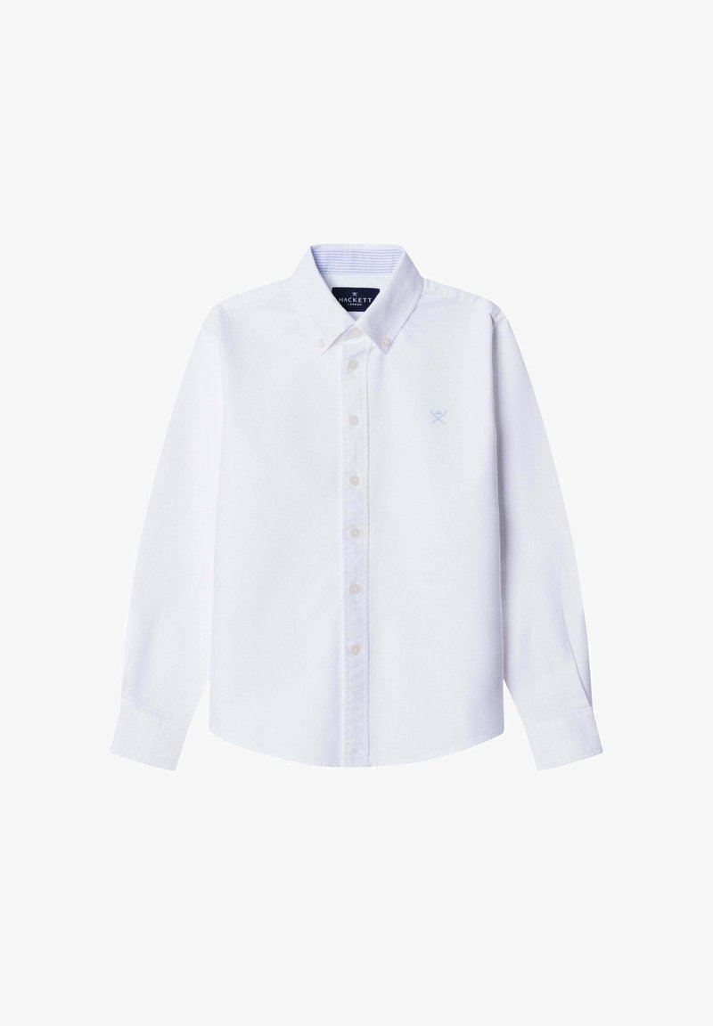 Biela košeľa s dlhým rukávom a gombíkmi, s klasickým golierom, so jemným svetlomodrým logom na hrudi a plastovými gombíkmi. Mäkká textúra látky.