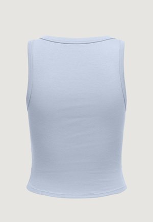 Top corto senza maniche in tessuto a coste azzurro chiaro con scollo rotondo, mostrato di spalle su sfondo neutro.