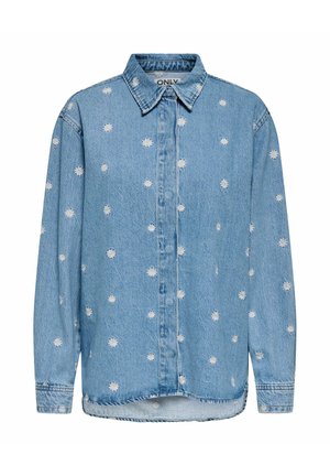 Svetlomodrá džínsová košeľa na gombíky s malým vzorom bielych sedmokrások, klasickým golierom, dlhými rukávmi a mierne zaobleným lemom.