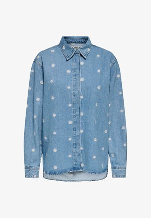 Lyseblå denimskjorte med knapper, lille hvid marguritblomstermønster, klassisk krave, lange ærmer og en let afrundet kant.