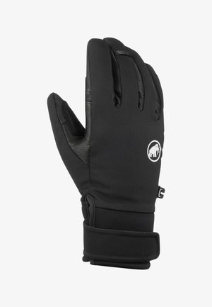 Schwarze Handschuhe aus einer Kombination von Softshell-Stoff und Lederhandfläche. Enthält ein Bündchen für einen sicheren Sitz und ein kleines Logodetail.