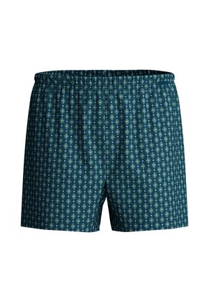 Geprinte zwemmershort in donkerblauwe stof met een diamantmotief in lichtblauw en groen. De elastische tailleband zorgt voor een comfortabele pasvorm.