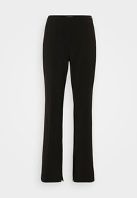 Black tailored pants with a straight-leg design, side slits at the hem, and smooth, soft fabric texture. Suitable for various occasions.