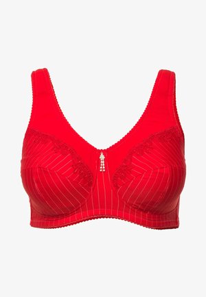 Rotes Bustier mit vertikalen Streifen, Spitzenverzierungen an den Cups, dekorativem Mittelstück und verstellbaren Stoffträgern. Insgesamt glatte Textur.