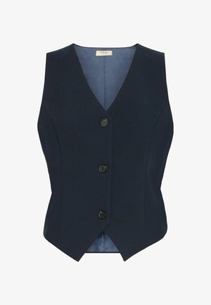 Tamsiai mėlynas liemeniukas su V formos iškirpte, prigludęs dizainas, trys juodi mygtukai ir švelnus vidinis pamušalas. Prisiūtas siluetas su įstrižu apdaila.