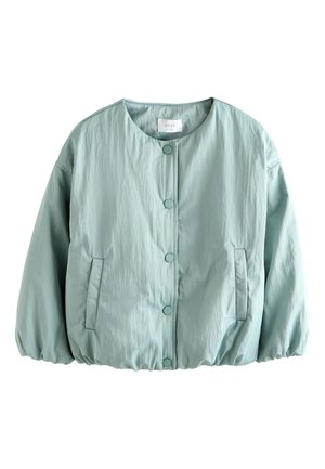 Jasnozielona, lekka kurtka z okrągłym dekoltem, zatrzaskami z przodu, bocznymi kieszeniami oraz elastycznym dołem i mankietami.