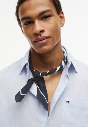 Νέος άνδρας που φορά ανοιχτό γαλάζιο πουκάμισο με κουμπιά και ανοιχτό γιακά, με ένα μαύρο και άσπρο φουλάρι με σχέδια δεμένο γύρω από τον λαιμό του.