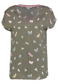 Olivgrünes Kurzarmbluse mit mehrfarbigen Insektenprints, darunter Schmetterlinge, Libellen und Käfer, sowie einem V-Ausschnitt.