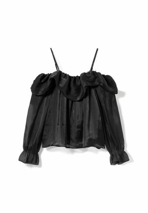 Top nero scollato sulle spalle con scollo arricciato, maniche lunghe e tessuto drappeggiato. Realizzato in tessuto leggero e lucido.