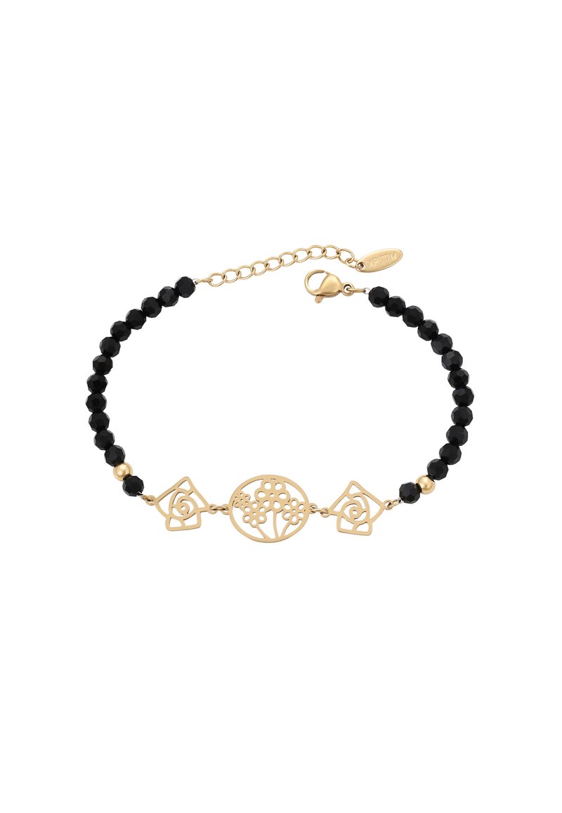 Bracciale color oro con perle nere sfaccettate, caratterizzato da accenti metallici floreali e geometrici. Chiusura a gabbiano e catena regolabile per la misura.