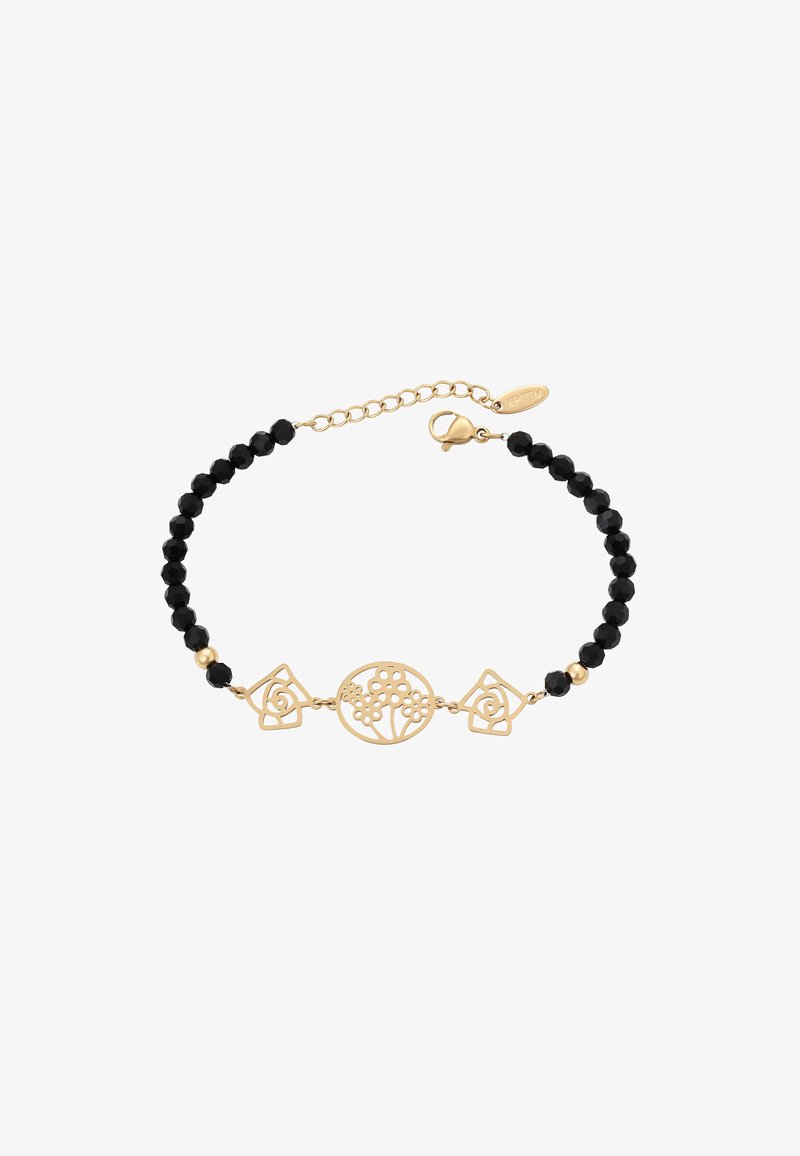 Arany színű karkötő fekete, facettált gyöngyökkel, virág- és geometriai fém díszítéssel. Rákos csattal és állítható lánccal a megfelelő méretért.