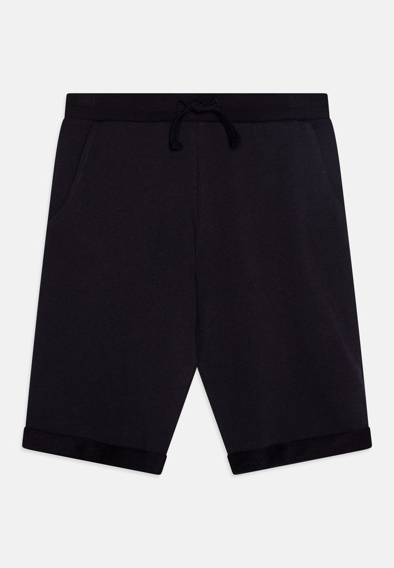 Shorts noirs décontractés avec taille élastique et cordon, dotés de poches latérales et de revers roulés.