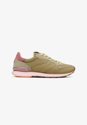 Olive green and pink running shoe with beige laces, suede heel patch, and rubber sole, viewed from the side on a white background.