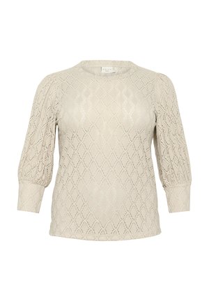 Väriä beige neulepaita, jossa on teksturoitu timanttikuvio, pitkät puffihihat ja pyöreä pääntie. Pehmeä kangas, jossa on hieno kiilto.