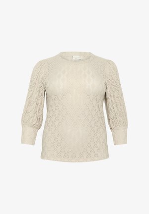 Beige knitted top featuring a textured diamond pattern, long puff sleeves, and a round neckline. Soft fabric with a slight sheen.
