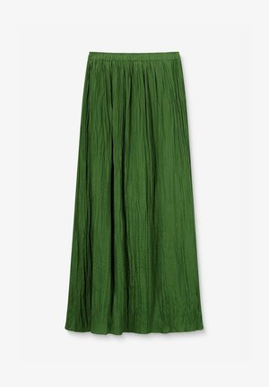 Jupe maxi verte en tissu léger, avec un design plissé, une taille élastique et une silhouette fluide.