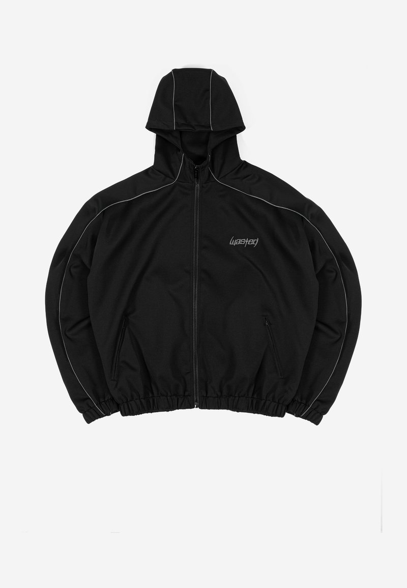 Schwarze Zip-Hoodiejacke mit elastischen Bündchen und Saum, zwei vorderen Reißverschlusstaschen, reflektierendem Piping an den Ärmeln und kleinem Logo auf der linken Brust.