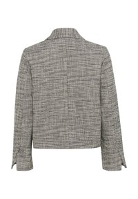 Vue arrière d'un blazer gris et noir à texture, manches longues et petite fente aux poignets.