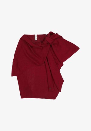 Tiefroter Strickschal mit einer übergroßen Schleifendetail auf einer Schulter, flach auf weißem Hintergrund dargestellt.