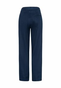 Námořnické modré kalhoty s širokými nohavicemi vyrobené z lehkého materiálu. Mají hladkou texturu, pas a jednu zadní kapsu.
