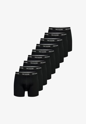 Negen zwarte herenboxers met only&sons-gebouwde taillebanden, in een diagonale rij gerangschikt op een witte achtergrond.