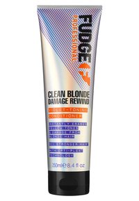 Après-shampoing Fudge Clean Blonde Damage Rewind dans un tube métallique. Caractéristiques clés : tonifiant violet, 250 ml, bouchon noir, texte accrocheur aux couleurs vives.