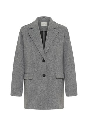 Manteau en mélange de laine gris avec un col cranté, deux poches avant et une fermeture à bouton unique. Coupe légèrement oversize avec une finition texturée.
