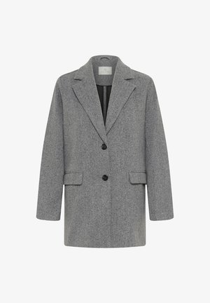 Szürke gyapjú keverék kabát, amelynek hajtott gallérja, két elülső zsebe és egy gombos záródása van. Enyhén túlméretezett fazon, texturált felülettel.