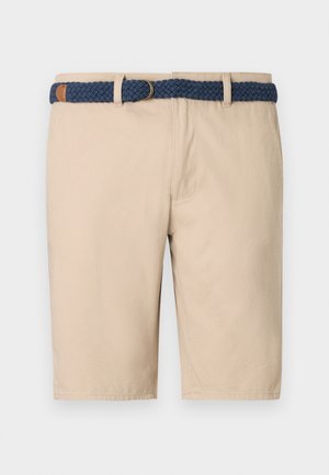 Beige shorts with a woven navy belt featuring a metal ring. Made of cotton, they have a smooth texture and a classic fit.