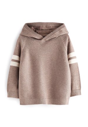 Bluza z kapturem w jasnobrązowym dzianinowym materiale, z wzorem w jodełkę i białymi paskami na rękawach. Miękka w dotyku i o luźnym kroju.