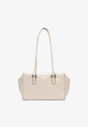 Borsa a mano in pelle beige con due spallacci, forma rettangolare e texture lucida. Presenta elementi in metallo argentato e una decorazione minimale.